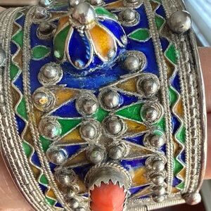 Handcrafted Multicolor Enamel Silver Cuff Bracelet - Green Blue Yellow